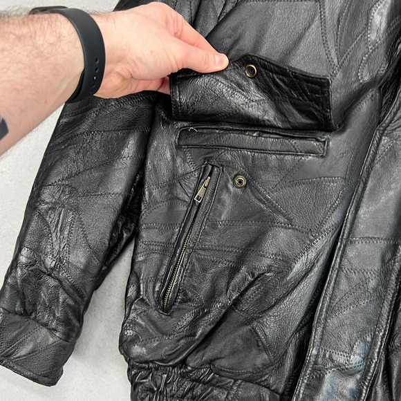 Vintage Mens Black Patchwork Leather Bomber Jacket God Bless America Eagle Large - Picture 6 of 12